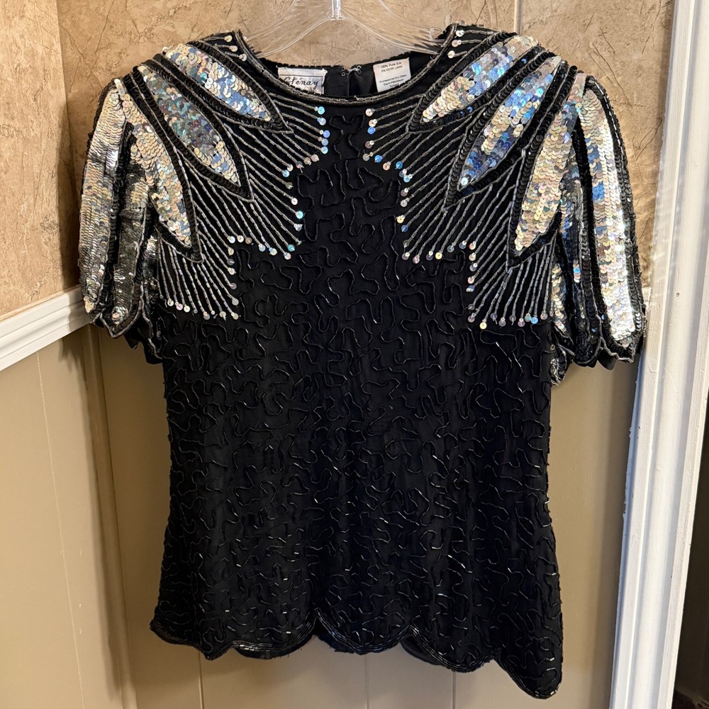 Vintage Stenay Black Sequin‎ Beaded Silk Top  Party Cocktail Embellished Size 8